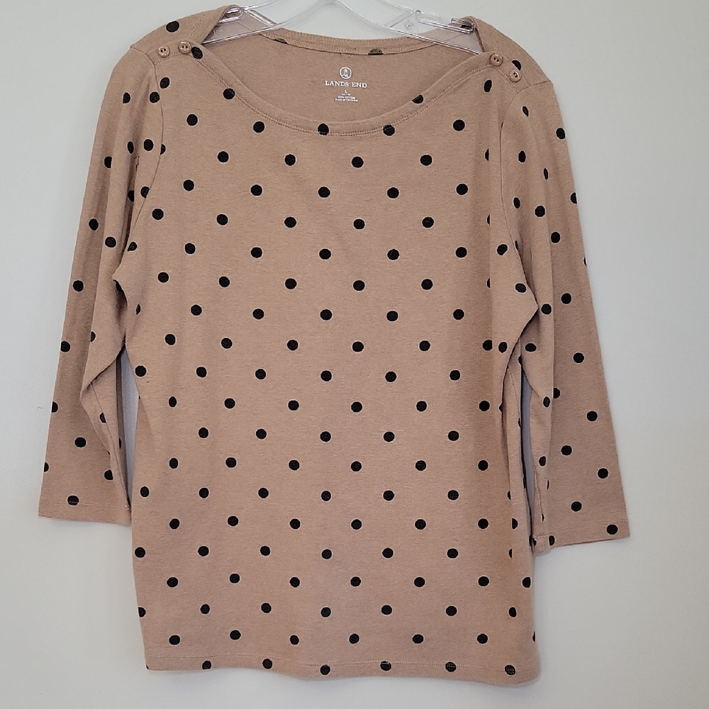 Land's End Woman's Tunic Size L‎ Tan/Black Polk a Dots 3/4 Sleeves